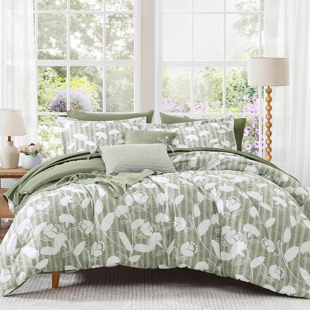 Queen Comforter Set -7 Pieces Sage Green Floral Comforter Set for All Seasons, Bed in a Bag Queen with Botanical Flowers Comforter, Sheets, Pillowcases & Shams