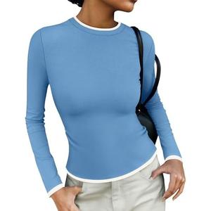 ZESICA Women's Long Sleeve Crewneck Shirts Spring Knit Slim Fitted Casual Basic Tee Sweater Tops M