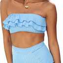 Saodimallsu Women High Waisted 2 Piece Bikini Set Bandeau Ruffle Swimsuit Top Striped Bathing Suits (Large, Blue)