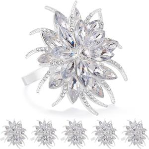 ZeeDix Christmas Flower Napkin Rings Set of 6, Silver Lotus Elegant Rhinestone Napkin Ring Serviette Buckles Holder for Wedding Birthday Christmas Holiday Party Home Kitchen Dinner Table Decoration