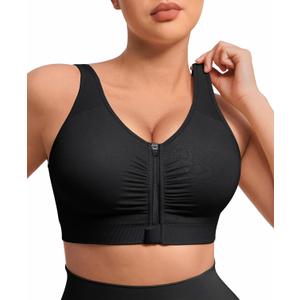 FeelinGirl Zip Front Closure Bras for Women No Underwire Compression Post Surgery Bra with Wide Adjustable Straps (Black, S)