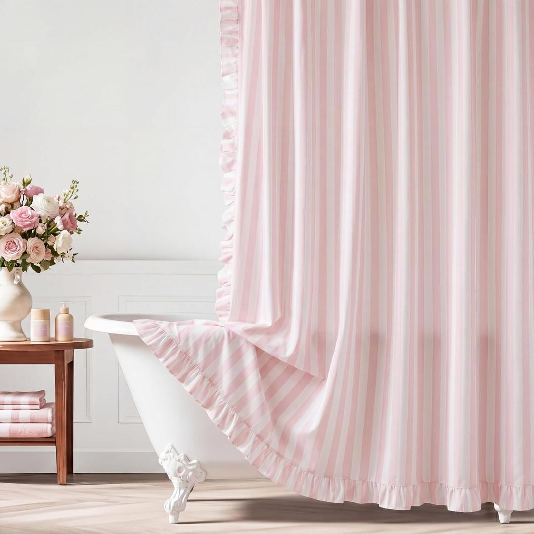 CrystalSylara Pink Striped Shower Curtain with Ruffle Edge Cotton-Textured Shower Curtain 72x72 Inches Vintage Country Style Fabric Bath Decoration for Farmhouse Bathroom