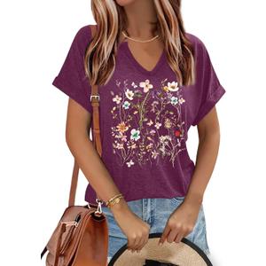 Women's Floral T-Shirts V-Neck Dandelion Sun Flower Graphic Casual Tee Boho Tops Cute Wildflowers Shirts (Purple, M)