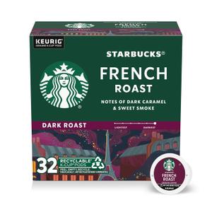Starbucks K-Cup Coffee Pods, Dark Roast Hot or Iced Coffee, French Roast, 32 Keurig Pods (EXP 02/22/27)