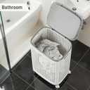Laundry Basket with Wheels & Lid, Rolling Clothes Hamper with Lid for Laundry Room, College Dorm, Bathroom, Bedroom - Ventilated Plastic Storage Basket with Handle, White (Medium)