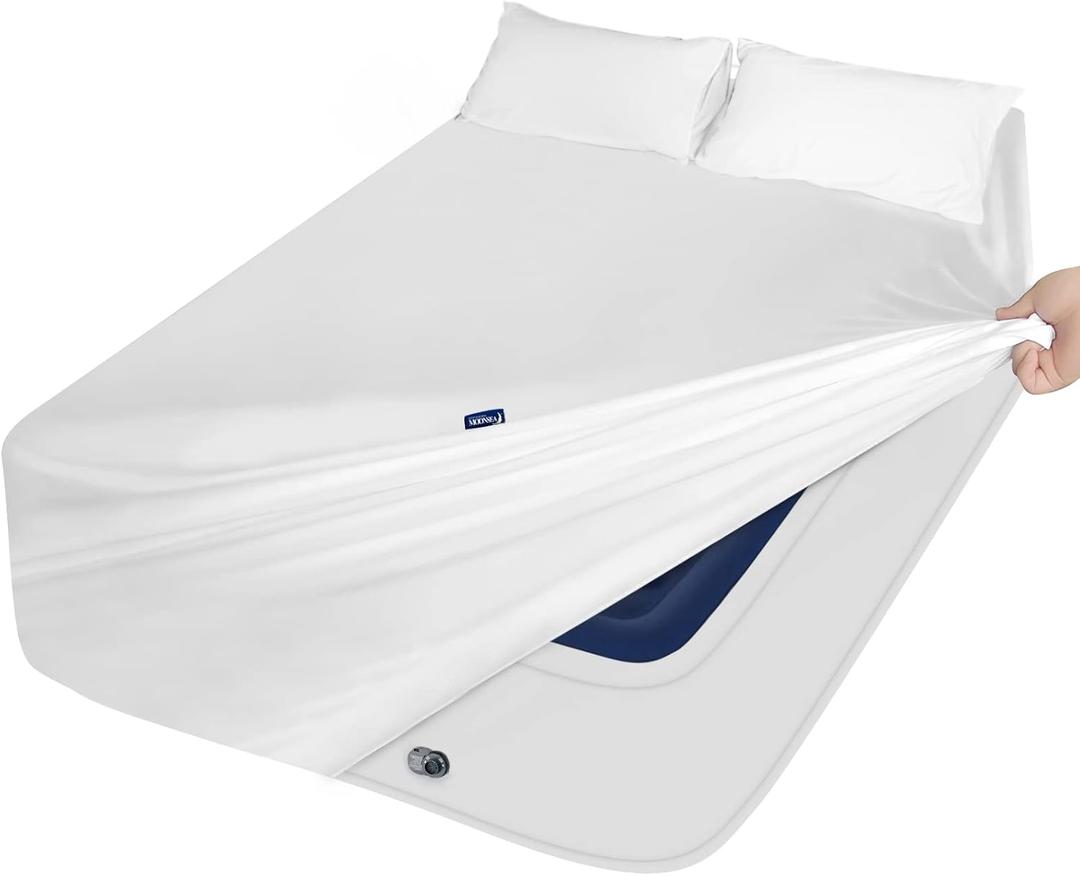 Moonsea Queen Sheet Sets Air Mattress Sheets - 3 Pieces Extra Deep Pocket Queen Sheets Sets 16 to 24 inch - Sheets with Pockets on Side - Easily Fits Extra Deep Pillow Top Air Mattress (White)