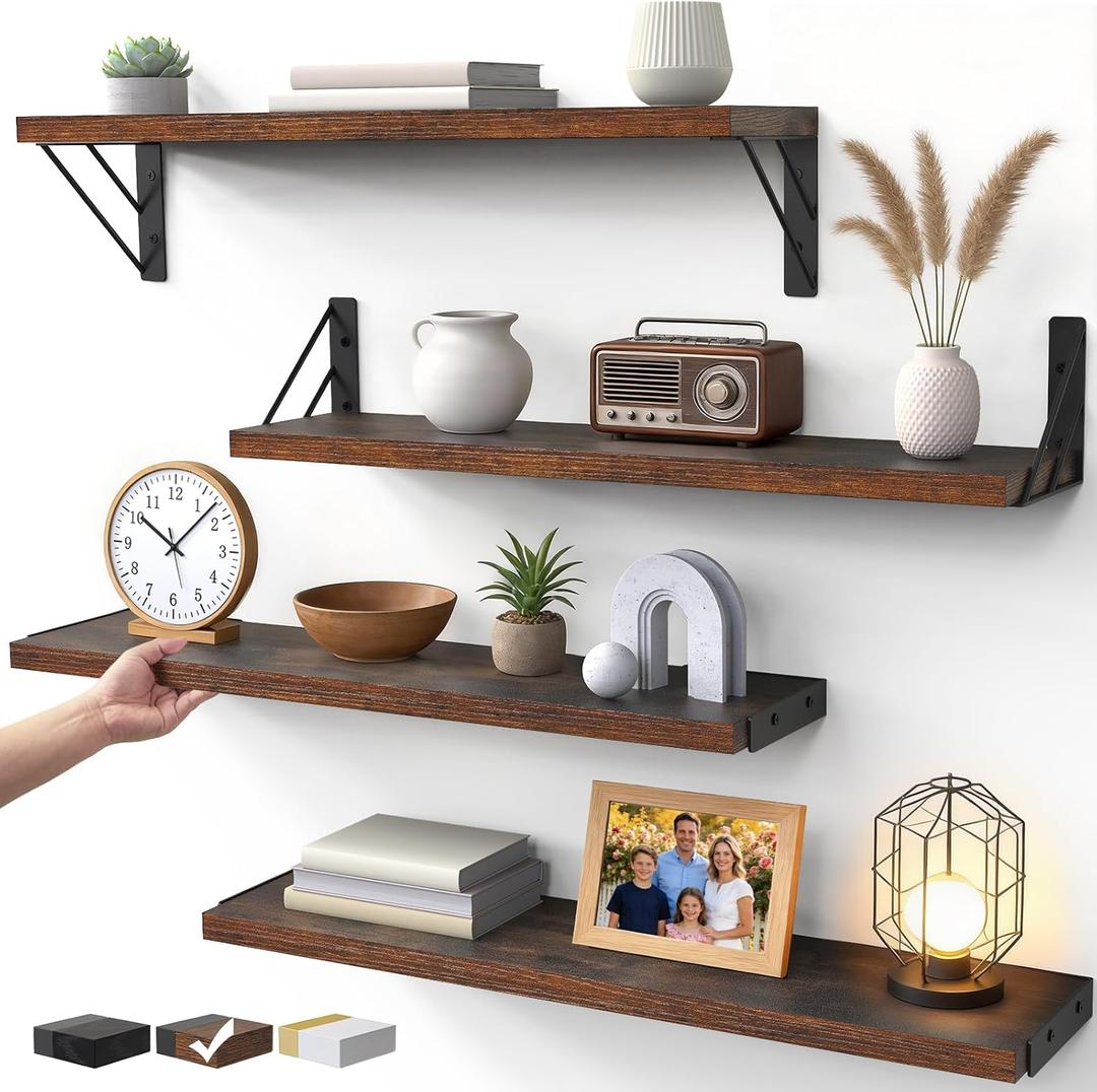 BAYKA Wall Shelves for Bedroom Decor, Floating Shelves for Wall, Display Mounted Rustic Wood Shelf for Books,Plants,Corner Shelves for Bathroom,Kitchen,Living Room(Rustic Brown23inSet of 4) (23-inch Standard)
