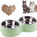 Double Cat Food Bowl -Stainless Steel Bowls with Easy-to-Clean Detachable Design, Non-Slip Base, Pet Feeder for Kittens and Medium Cats (Green)