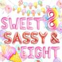 8th Birthday Decorations Sweet Sassy and Eight Birthday Decorations for 8 Year Old Girl Ice Cream Theme Party Supplies with Backdrop Balloons Sweets Donuts Theme