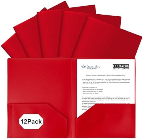 EEHZTSI 12-Pack Plastic Folders with Pockets,2-Pocket Poly Folders Holds 8-1/2" x 11" Paper for School/Office/Home, Red