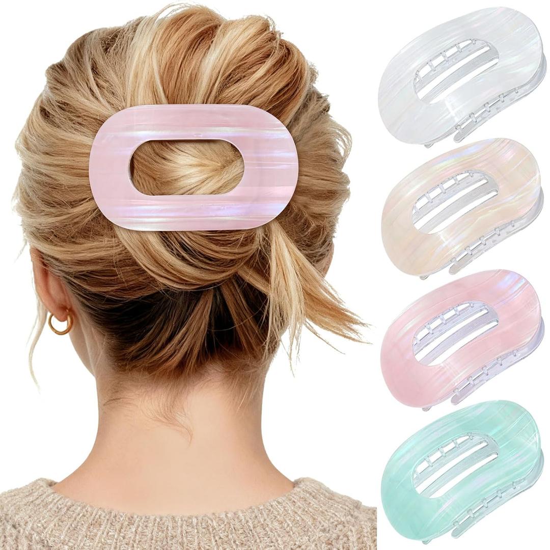 Mesovor 4 Pack French Flat Hair Clips for Women, 3.74" Nonslip Stylish Round Duckbill Lay Flat Hair Claw | Side Slide Volume Hairclips for Lying Down, Yoga, Driving (Pink, Champagne, White, Green)