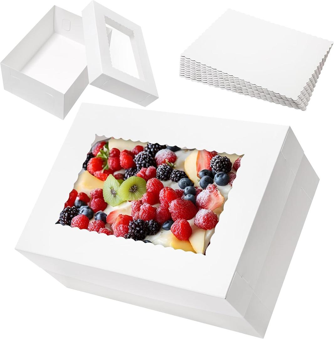 Mefleet 10pcs 14x10x6 Quarter Sheet Cake Boxes with 10 pcs Cake Boards - Rectangle Bakery Boxes with Window for Pastry Baking, Cupcakes, Donuts, Cookies, Pie Treat Packaging White Large