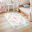 Collive 3x5 Pink Blue Floral and Bow Washable Area Rug for Girls Bedroom | Soft Ultra-Thin Teen Dorm Room Rug, Non Slip Cute Carpet, Small Kawaii Mat for Entryway, Playroom, Living Room, Hallway