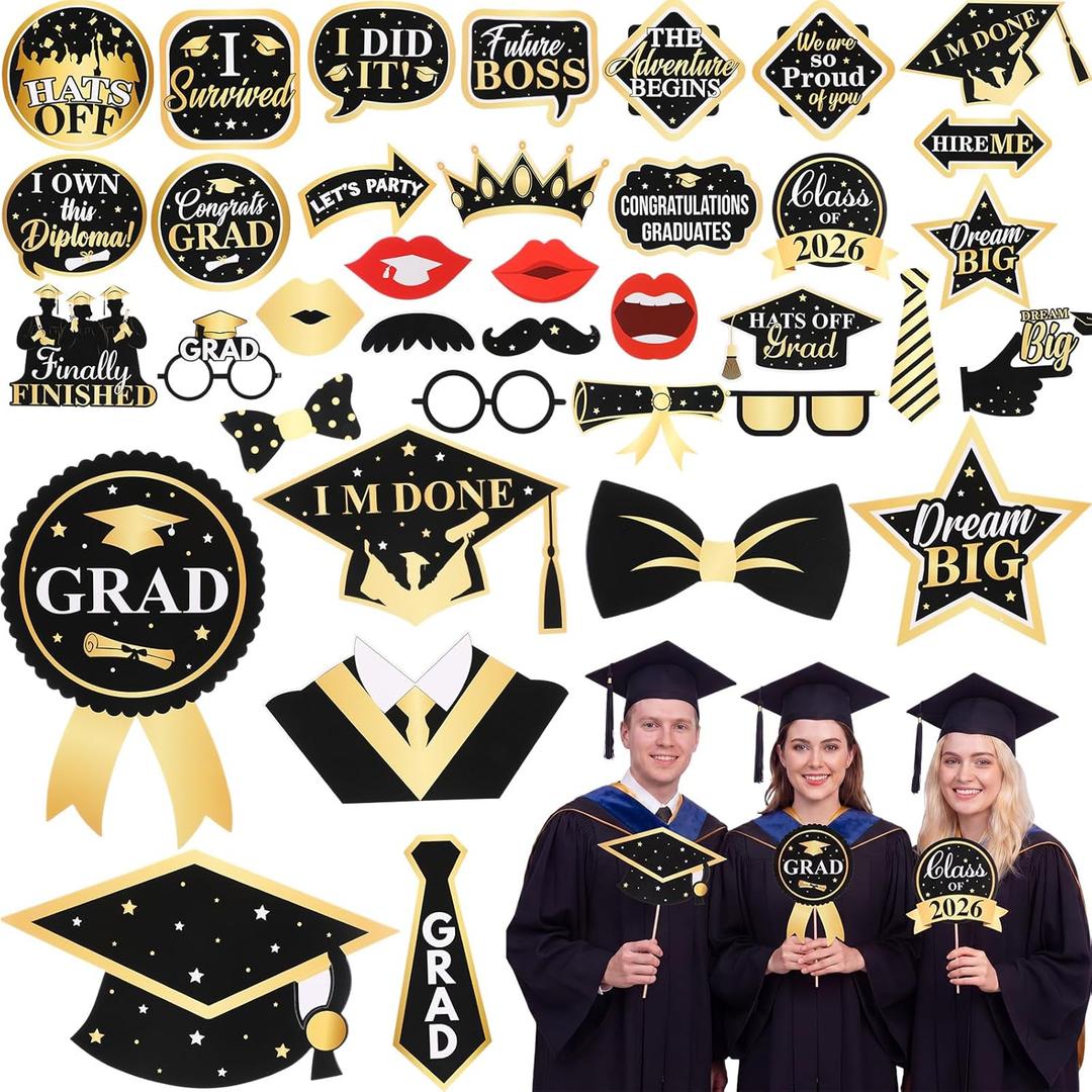 Gejoy 60 Pcs Photo Booth Props DIY Kit Funny Selfie Props Accessories for Grad Wedding Prom Party Supplies Favors with Mustache on a Stick, Hats, Glasses, Mouth, Bowler, Bowties(Stylish)