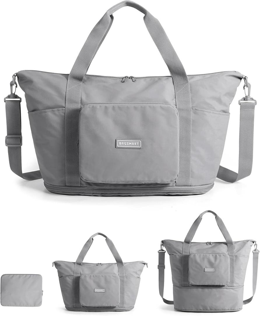 BAGSMART Foldable Travel Bag, 37L Expendable Personal Item Bag, Lightweight Weekender Bags for Women, Water Resistant Extra Carry on for Travel, Gray (Grey)