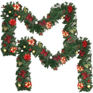 9FT Christmas Garland Decorations, Pre-Lit Christmas Garland with 60 LED Lights, Garlands for Mantle with Pine Cones, Flower, Berries, Bows, Ball, Leaves, Indoor & Outdoor Christmas Decor(2 Pack)