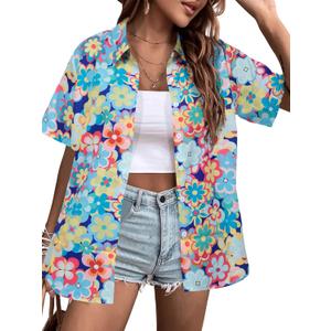 Hawaiian Shirt Woman 60s 70s Outfit Retro Disco Hippie Party Shirts Floral Button Up Short Sleeve Tops (XL)