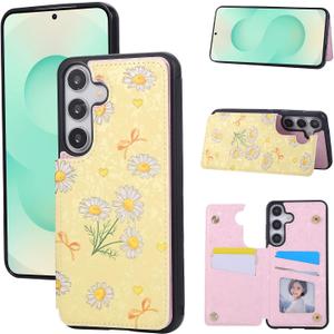UEEBAI Wallet Case for Samsung Galaxy S25 Plus 5G with Card Holders, PU Leather Cover Kickstand RFID Blocking Double Magnetic Clasp Rilievo Flower Flip Case for Women Girls - Yellow Daisy