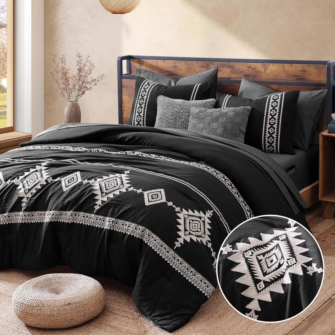 MaiRve Embroidery Comforter Set, Boho Farmhouse Western Bedding Set, All Season Bed in A Bag Comforter Set with Sheets, Pillowcases & Shams, Black King 7 Pieces (King(102"*90"))