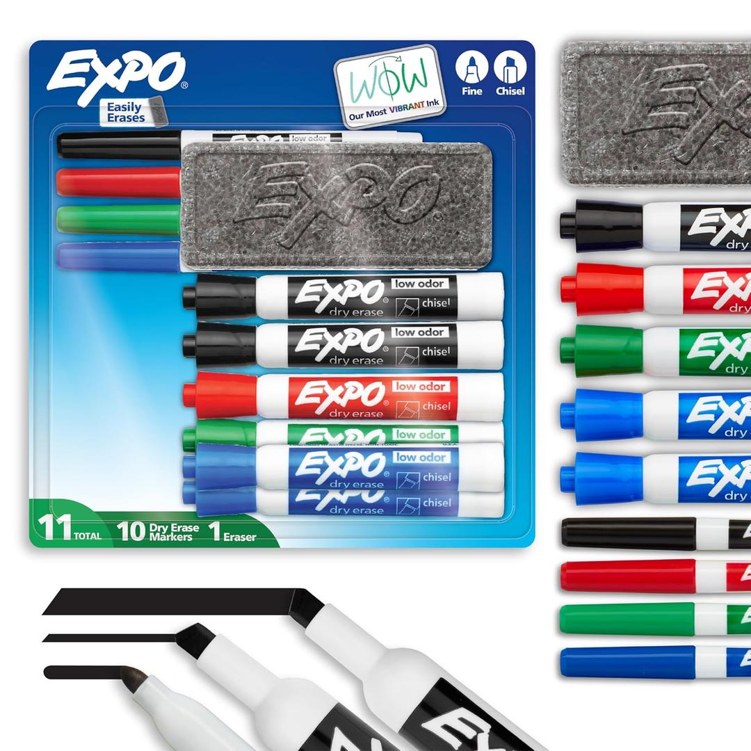 EXPO Dry Erase Markers Set Mixed Tip White Board Markers with White Board Eraser Assorted Colors 11 Count