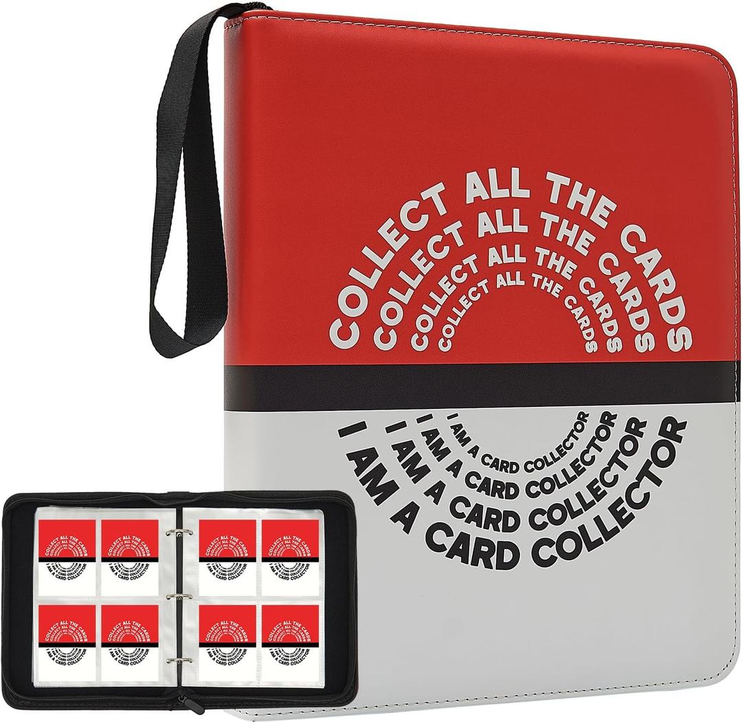 Trading Card Binder with 4 Pocket Pages, Top Loading 400 Pockets card collection Albums 3 rings card sleeves binder sheets (Red, 400 Pockets)