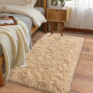 Soft Runner Rugs for Bedroom Hallways New Upgraded Non-Slip Bottom, 2 Packs 2x4 Beige Fluffy Shag Throw Area Rug for Bedside Dorm, Long Shaggy Furry Carpet for Nursery Living Room