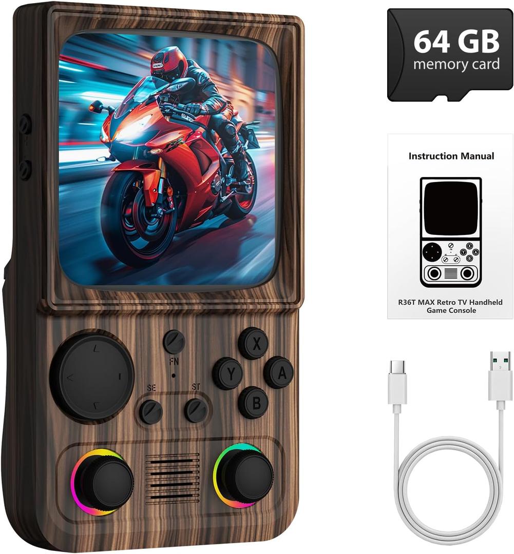 R36TMAX Retro Handheld Game Console, 4 Inch IPS HD Screen Retro Gaming Console, Supports WiFi Networked Fighting and OTG, Compatible with a Large Variety of Classic Games,Wood Grain Coffee Brown