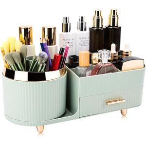 Beborxue 360 Rotating Makeup Organizer for Vanity with Drawers, Large Capacity Cosmetic Display Case, skincare organizer, Cosmetic Organizer for Lipstick, Skincare, Brushes, Eyeshadow, (Green)