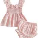 Baby Girl Clothes Infant Summer Outfits Set Plaid Ruffle Sleeve Shirt Tops and Bloomers Shorts (Pink)