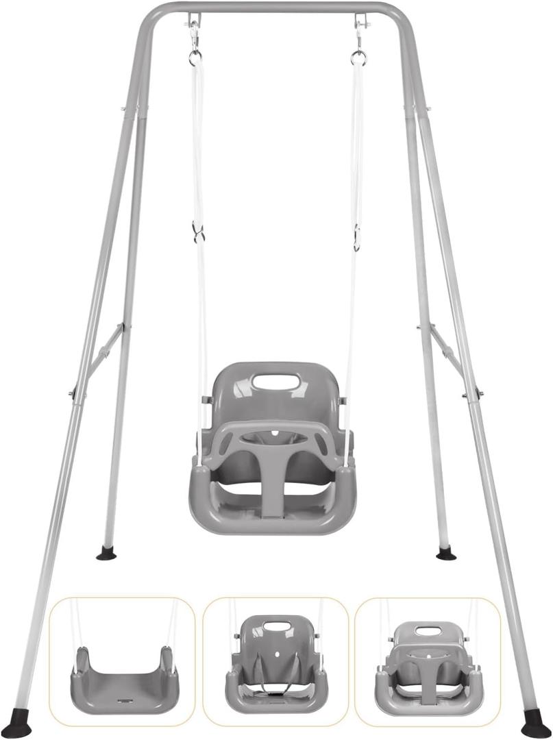 3-in-1 Toddler Swing Set, Foldable Baby Swing Set for Indoor & Outdoor Heavy Duty Baby Swing with Stand for Ages 6 Months to 10 Years Old, Easy to Assemble and Store (Grey)