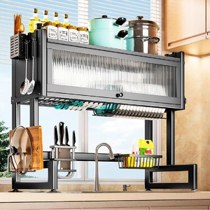 Over The Sink Dish Drainer Drying Rack 3 Tiers with Cover, Keep Kitchen Sink Shlef Organized Space-Saving Dish Drying Rack, Large Stainless Steel Sink Drying Rack for Dishes, Bowls, Cutlery (33.5"W)