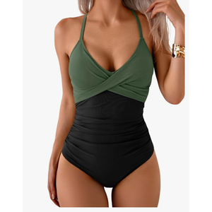 B2prity Women's One Piece Swimsuits Tummy Control Front Cross Bathing Suits Tie Back Slimming V Neck Swimwear L