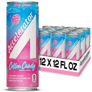 Accelerator Active Energy Drink Sugar Free Zero Carbs, Cotton Candy 12oz can(12 pack) Enhanced Focus & Sustained Energy from 100% Natural Caffeine (200mg), Ashwagandha, Coq10 & Green Tea Extract, Best By: 03/27