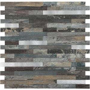 Midcard 10 Sheets Peel and Stick Backsplash PVC Wall Tile,for Kitchen Backsplash (Rectangular Dented Wood with Metallic Silver)