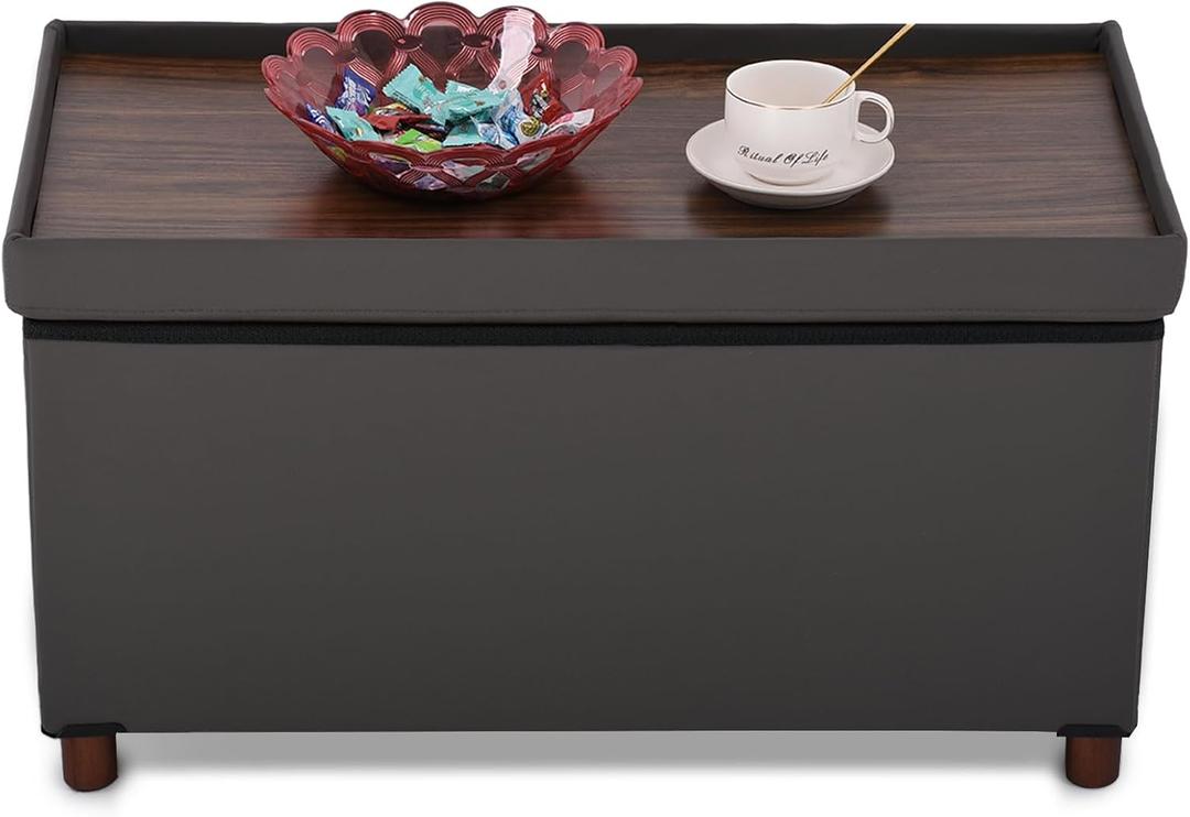 Ottoman Storage Bench for Living Room with Tray, Bedroom Foot Stool, Coffee Table Lid, End of Bed Faxu Leather 30" Inch (L-Grey)