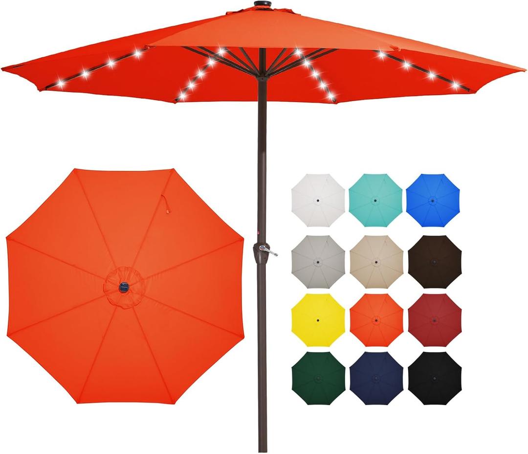 JEAREY 12' Lighted Patio Umbrellas Outdoor Solar Table Market Umbrella w/Crank, 8 Sturdy Ribs, UV Protection Waterproof Sunproof(Orange)