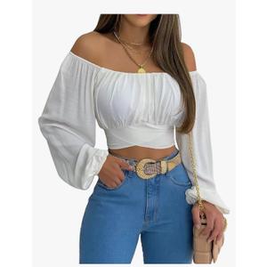MIRACMODA Woman Off Shoulder Ruched Tie Back Crop Top Summer Lantern Sleeve Boho Shirt Blouse S