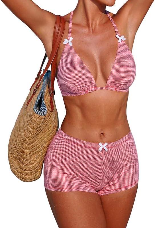 ZAFUL Women's Gingham Bikini Shorts Set, Halter Y2K Boyshort Bikini Two Piece Bathing Suit Shorts Swimsuits for Vacation (Large, Red Plaid)