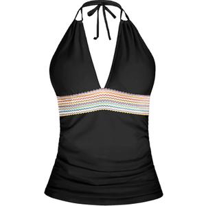Yonique Women's Halter Tankini Top V Neck Swim Top Tummy Control Bathing Suit (Black, XL)