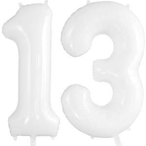 13 Balloon Numbers, Large 13 or 31 Foil Balloons, Big Number Balloon 40 Inch for 13th Birthday Anniversary Event Celebration Party Decorations White