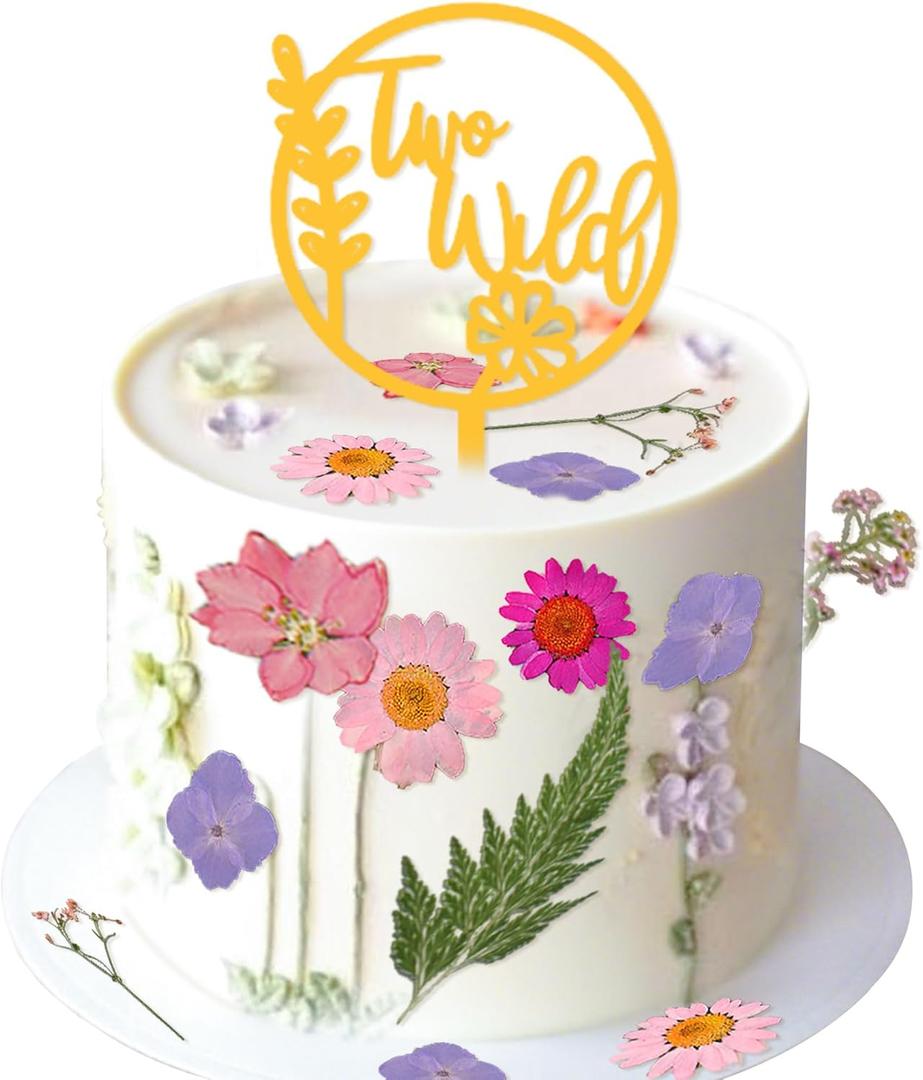 JeVenis Wildflower Cake Toppers Two Wild Flower Cake Decor Second Birthday Cake Toppers for Floral Two Wild Birthday Party Decoration Supplies (Golden 1)