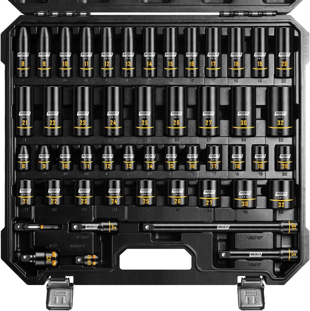 BOEN 1/2" Drive Impact Socket Set, 50-Piece Metric (8-32mm) Deep & Standard Sockets with Paint-Filled Markings, Includes Extensions, Adapter & Universal Joint