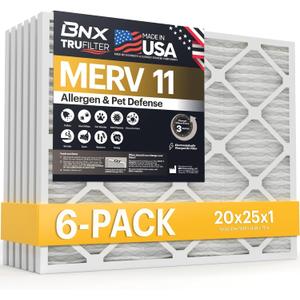 BNX TruFilter 20x25x1 Air Filter MERV 11 (6-Pack) - MADE IN USA - Allergen Defense Electrostatic Pleated Air Conditioner HVAC AC Furnace Filters for Allergies, Dust, Pet, Smoke, Allergy MPR 1200 FPR 7
