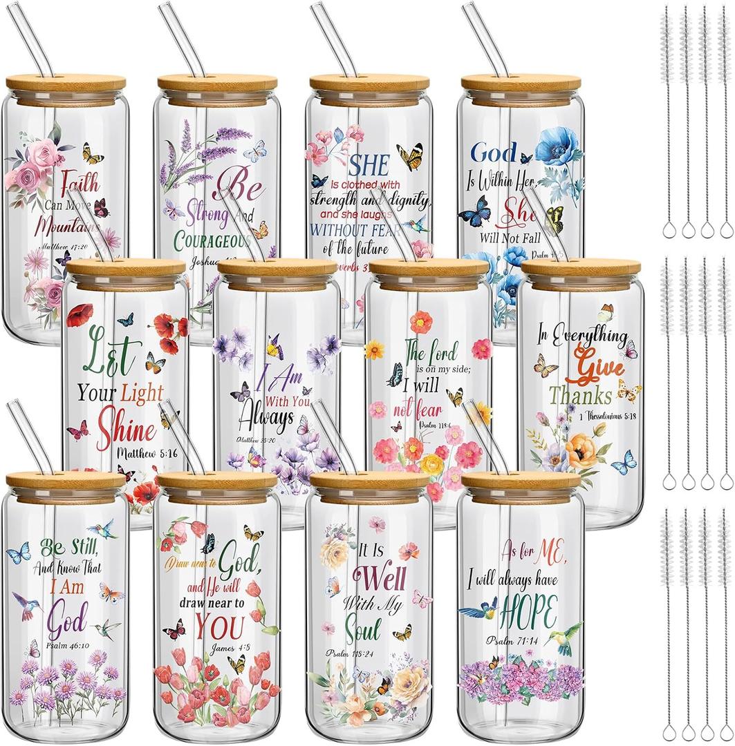 Teenyyou 12 Set of Christian Gifts for Women Bible Verse Glasses Tumbler with Bamboo Lid and Glass Straw 16oz Inspirational Religious Coffee Cup for Birthday Mother's Day Faith Lovers Use & Home Decor