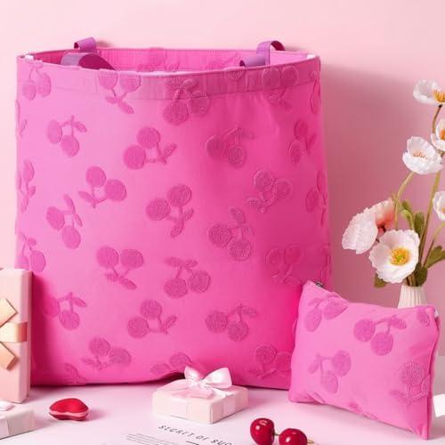 Sunnymove Cherry Tote Bag for Women with Makeup Jacquard Canvas Cute Purse Set Reusable Bag Cute Shoulder Cosmetic Shopping Totes Portable Pouch Birthday Gift for Mom Women Teacher