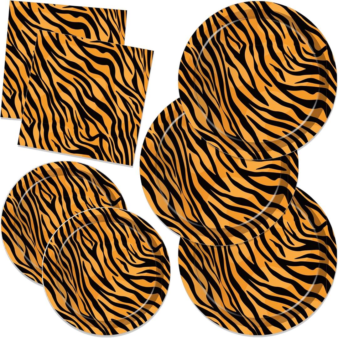 CC HOME Tiger Pattern Birthday Paper Plates Napkins Safari Animal Tiger Disposable Tableware Set Party Supplies Jungle Theme Dinnerware Serves 24 Guests for Audlts Kids Baby Shower Birthday 88PCS