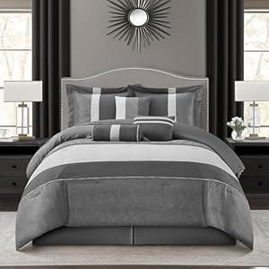 Stratford Park Grey Comforter Set Queen Size, Jacquard with Matching Solid Microfiber Piece Work, All Season 7 Piece Bedding Sets, Bedskirt, Pillow Shams, Home Décor