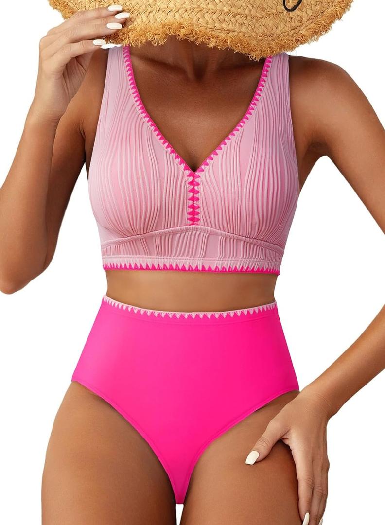 Herseas High Waisted Bikini Sets for Women - Textured Whip Stitch 2 Piece Swimsuit Bestselling Summer Beach Bathing Suit (Large, Pink)