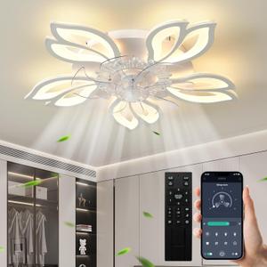 27.6 Inch Modern Flower Ceiling Light with Fan, 6 Speeds with 7 Blades, Remote Control Ceiling Fan White Dimmable LED Lighting Fixture for Dining Room Bedroom Small Living Room (White, 27.6")