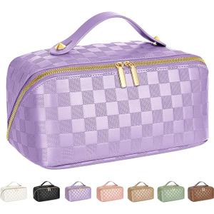 ALEXTINA Travel Makeup Bag, Vegan Leather Large Capacity Cosmetic Bags for Women,Waterproof Portable Pouch Open Flat Toiletry Bag Makeup Bag Organizer with Fixed Divider, Purple